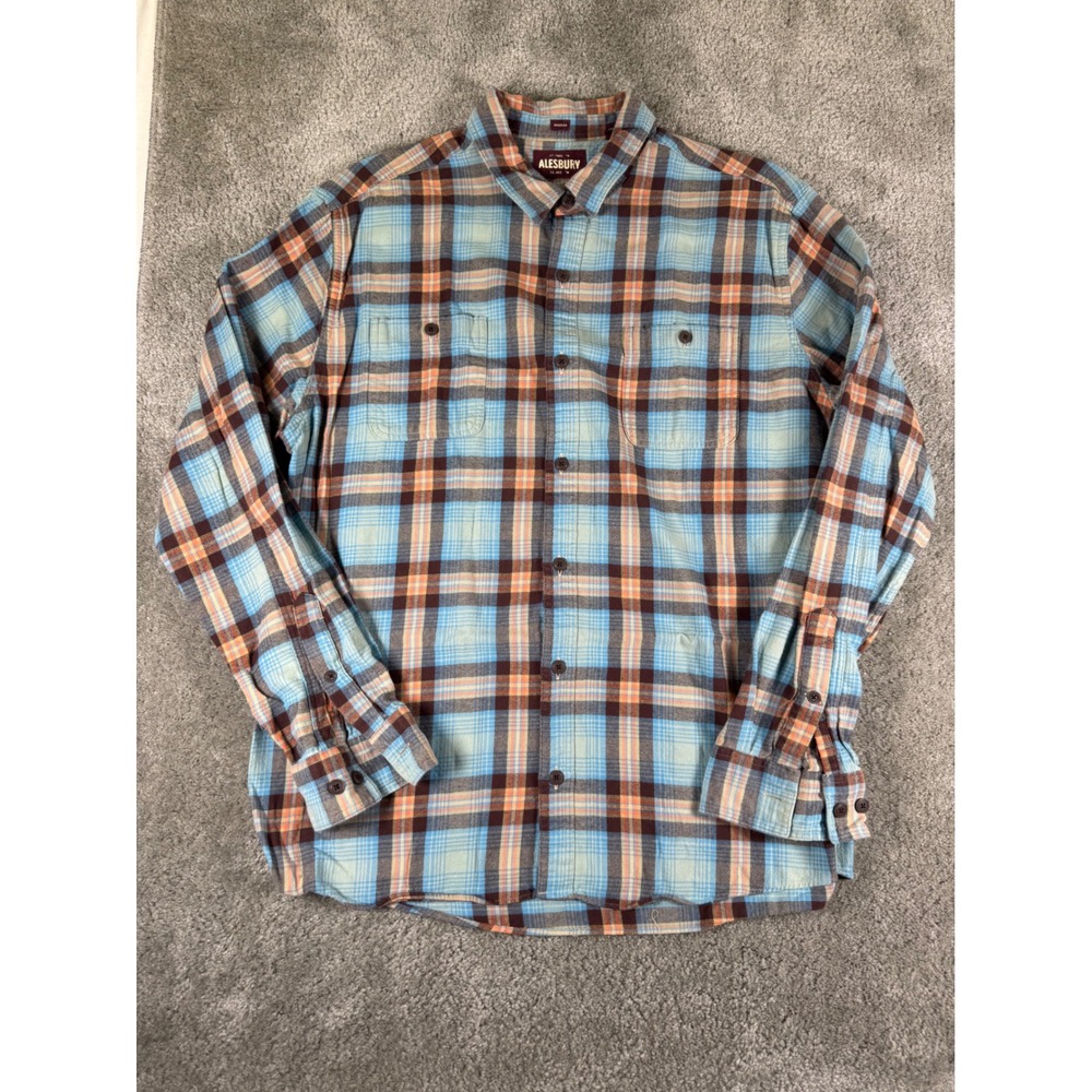 Alesbury Mens Regular Fit Plaid Flannel Shirt Blue Orange Brown XL Long Sleeve